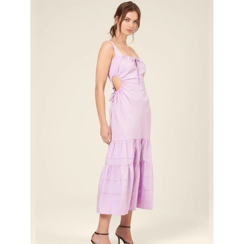 NICHOLAS Betty Midi Dress Tiered Lilac Purple Ruched Cut-Out Cotton Sundress